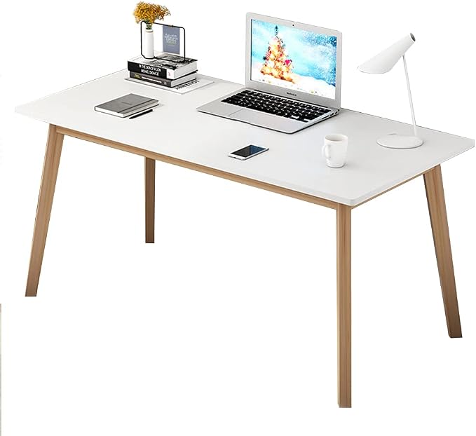 IOTXY Simple Wooden Writing Desk - Modern Minimalist Style PC Laptop Computer Workbench with Solid Wood Legs, 55" W Home Office Work Table for TV Stand Music Video Live Broadcast Workstation, White - Image 9