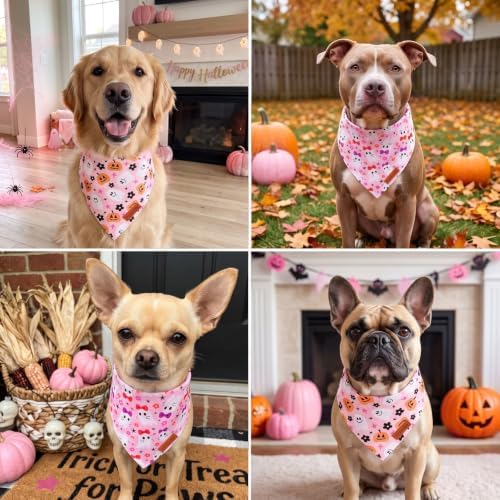 PTDECOR Pink Halloween Dog Bandanas, Pumpkin Bow Ghost Pet Scarf, Small - Image 3