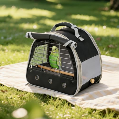 Bird Travel Carrier Cage, with Stainless Steel Metal Window and Wood Perch, Portable Bag for Cockatiel Parakeet Conure Green Cheek Budgie (Black, Steel Window) - Image 5