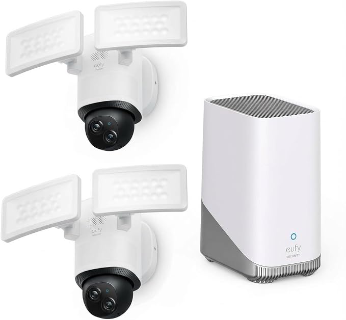 eufy Security Floodlight Wired Camera E340 2pack+Homebase3, Security Camera Outdoor, 355° Pan & Tilt, 24/7 Recording, 2000 LM, Motion Detection, Dual Cam, No Monthly Fee,Expandable Storage up to 16TB by Unknown
