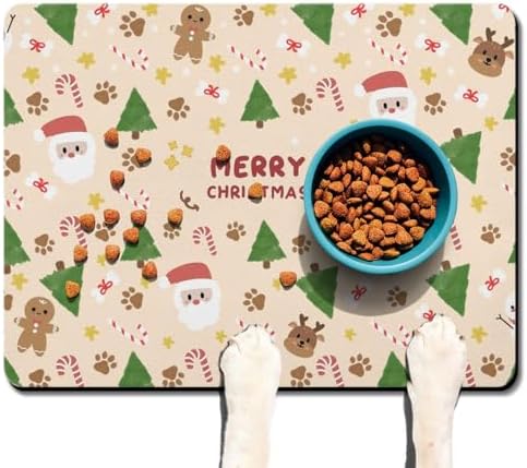 Christmas Dog Food & Water Mat, Paw Prints Santa Claus Snowman Xmas Pet Feeding Mat for Floor Non-Slip Waterproof, Super Absorbent Cat Bowl Mat, Easy to Clean Pet Placemat,24" × 32" - Image 7