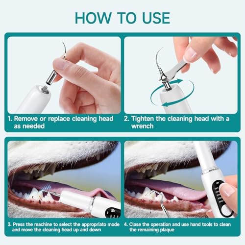 Dog Teeth Cleaning Kit Dog Plaque and Tartar Remover with LED Light 5 Adjustable Modes Electric Toothbrush Pet Teeth Cleaner for Dogs and Cats (White and Blue Finger Cots) - Image 6