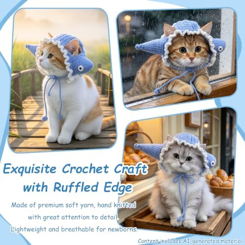 Fish Cat Hat, Cotton & Soft Cute Knitted Hats for Cats Birthday Party Spring Christmas Puppy Hat for Small Pets (Blue,M) - Image 4