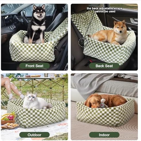 Dog Car Seat for Small Dogs,Medium Dog Car Bed with Detachable Washable Cover,Pet Puppy Booster Cars Seats with Safety Belt Up to 30 lbs(Grid Green) - Image 2