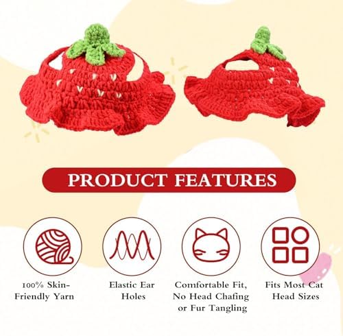 Strawberry Cat Hat, Cotton & Soft Cute Knitted Hats for Cats Birthday Party Christmas Puppy Hat for Small Pets (Red, M) - Image 5