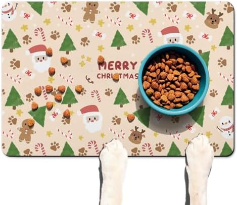 Christmas Dog Food & Water Mat, Paw Prints Santa Claus Snowman Xmas Pet Feeding Mat for Floor Non-Slip Waterproof, Super Absorbent Cat Bowl Mat, Easy to Clean Pet Placemat,16" × 24" - Image 7
