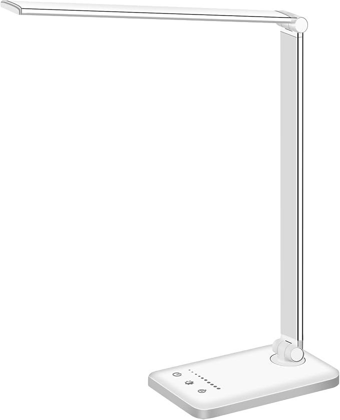 White crown LED Desk Lamp Dimmable Table Lamp Reading Lamp with USB Charging Port, 5 Lighting Modes, Sensitive Control, 30/60 Minutes Timer (White, First-Generation) by WhiteCrown