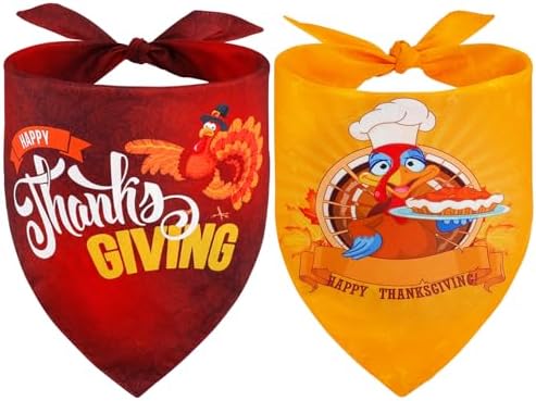 Vivifying Thanksgiving Dog Bandana 2 Pack - Triangle Fall Pet Scarves with Turkey & Letter Prints, Soft Polyester Dog Bibs for Holiday Photos & Festive Wear (Red & Yellow, Size L) by Vivifying