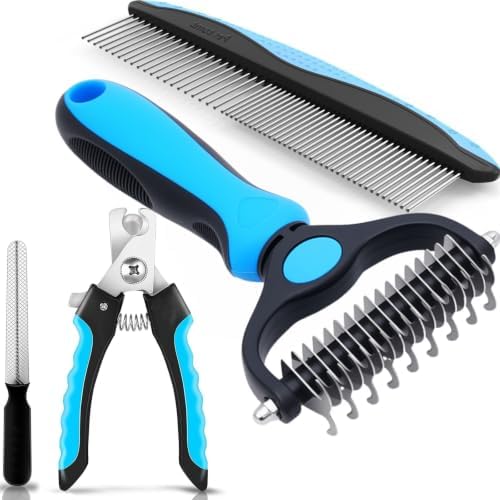 Pet Grooming Rake for Dogs & Cats - Double-Sided Deshedding and Dematting Tool, Gently Remove 95% of Loose Undercoat & Mats for Long-Haired Pets, Painless Fur Brush for Shedding Control (Comb+Nail) by AKEISHE
