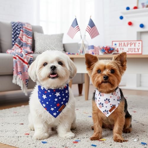 PTDECOR American Flag Dog Bandana Blue White Stars Paw Flag Patterns Designs 4th of July Pet Scarf Adjustable Patriotic Bandanas for Small Dogs Pets (Small) - Image 2
