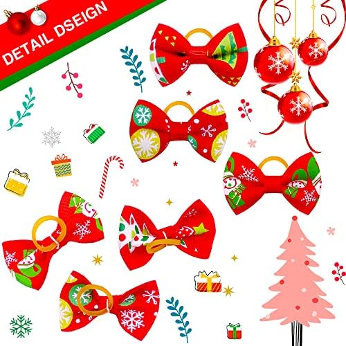 20Pcs/10 Pairs Christmas Snowflkes Snowman Pattern Yorkie Dog Puppy Hair Bows with Rubber Bands Hair Accessories Bow Pet Grooming Cute Small Hair Bowknot Gifts (Snowflakes) - Image 5