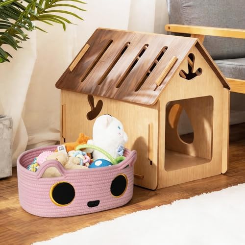 Pink Cat Toy Basket, Small Woven Cat Toy Storage Box with Cute Ears Handle Indoor, Cotton Rope Storage Bin with Embroidered Face for Home Decor, Pet Bed, Baby Nursery Kids Room Organization - Image 6