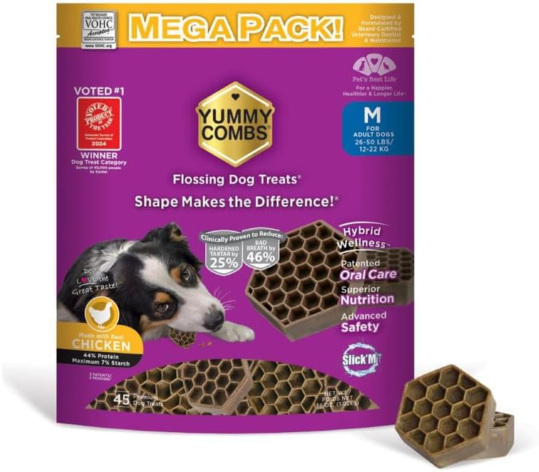 Yummy Combs Dog Dental Treats – Vet VOHC Approved – Delicious Chicken Protein – Removes Tartar with Cleaning Comb Shape – Dental Dog Treats for Medium Dogs (36oz, 45 Count) by YummyCombsDogDentalTreats