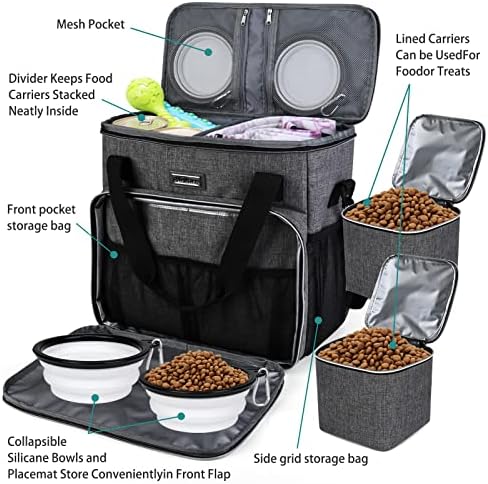BAGLHER Dog Travel Bag, Pet Travel Bag (ALL Pet Travel Supplies), With 2 Pet Food Containers and 2 Collapsible Silicone Bowls; Essential Kits for Pet Travel Grey - Image 5