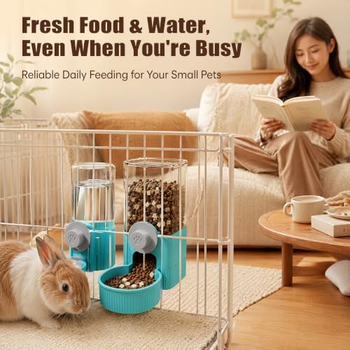 Automatic Rabbit Feeder and Water Dispenser Set,40oz Gravity Food Feeder&17oz Leak-Proof Water Bottle for Guinea Pigs,Hamsters,Chinchillas,Ferrets, Small Animals,Cage Mount Feeding Station Blue - Image 3