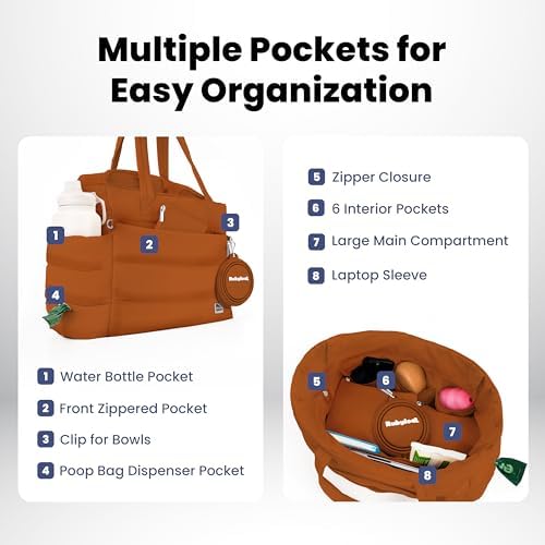 Rubyloo Dog Mom Essentials Bundle - Puffer Tote with Storage Containers (Rust) and 32 oz Water Bottle with Detachable Bowl (Solid Black) - Travel Bag and Hydration Set - Image 3