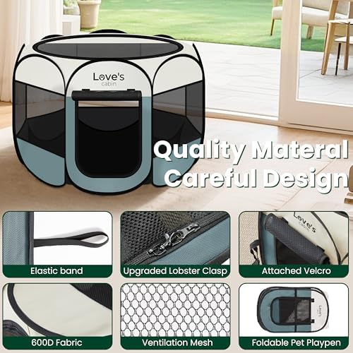 Love's cabin Pet Puppy Dog Playpen, Small Dog Tent Crates Cage Indoor/Outdoor, Portable Playpen for Cat, Foldable Pop Up Dog Kennel Playpen with Carring Case, Removable Zipper Top, Moss Green - Image 5
