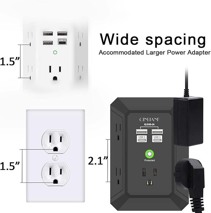 USB Wall Charger, Surge Protector, QINLIANF 5 Outlet Extender with 4 USB Charging Ports(2U2C) 3-Sided 1680J Power Strip Multi Plug Outlets Wall Adapter Spaced for Home Travel Office,Black - Image 5