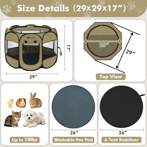 Persure Dog Cat Playpen Tent Crate Cage with Washable Pee Pad(Khaki,Small) - Image 6