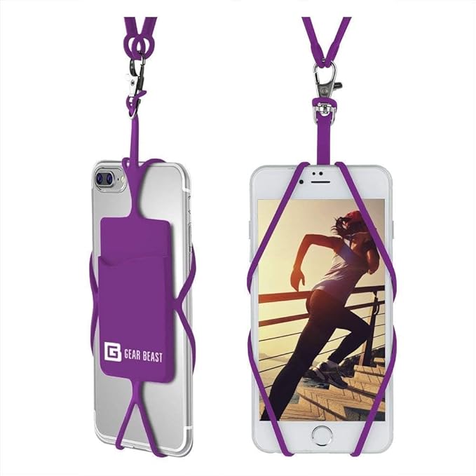 Gear Beast Cell Phone Lanyard - Universal Neck Phone Holder w/Card Pocket and Silicone Neck Strap - Compatible with Most Smartphones, Purple by GearBeast