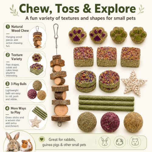 Grddaef Rabbit Toys, Guinea Pig Toys 17Pcs Natural Timothy Hay Bunny Chews and Treats for Hamster Chinchilla Gerbil - Image 2