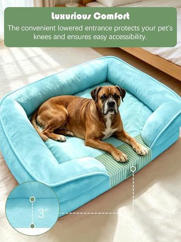 Spotted Play Orthopedic Dog Bed with Sides - Sofa Beds for Large Dogs, Supportive Foam Pet Couch Bed with Washable Removable Cover, Waterproof Lining and Non-Slip Bottom, Ice Blue - L-Plus - Image 3