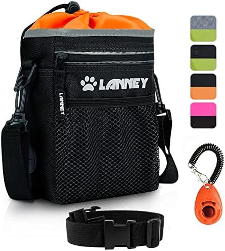 Dog Treat Pouch Pet Training Bag for Small to Large Dogs, Treat Tote Carry Kibble Snacks Toys for Training Reward Walking, Metal Clip, Waist belt, Shoulder Strap, Poop Bag Dispenser, Black with Orange by LANNEY