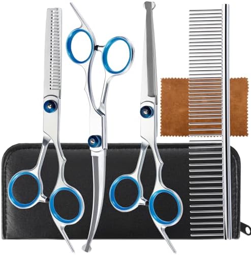 5 in 1 Premium Dog Grooming Scissors, Professional Dog Scissors for Grooming with Safety Round Tips, Lengnoyp Stainless Steel Thinning Shears, Pet Cat Shears for Grooming Kit by lengnoyp