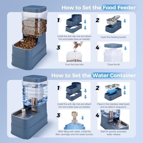 Automatic Cat Feeder and Water Dispenser with Stainless Steel Bowl with Ice Pack Gravity Food Feeder and Waterer Set Feeding Raised Bowls with Filter for Dog 1.3 Gallon x 2(Blue) - Image 2