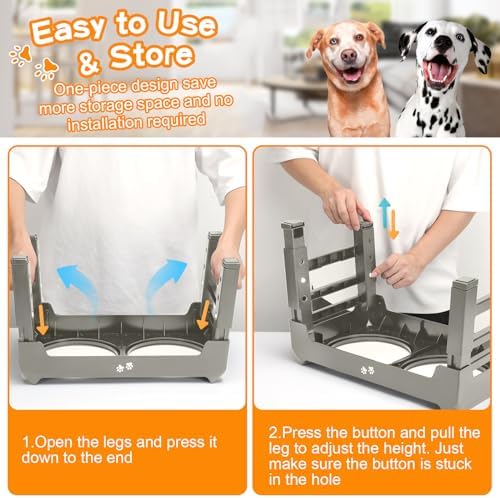Elevated Bowls, 4 Height Adjustable Raised Stand With 2 Thick 50oz Stainless Steel Food Bowls, Non-Slip Feeder for Dogs, Adjusts to 3.7", 9.2", 10.75", 12.36" Light Brownish Gray - Image 6