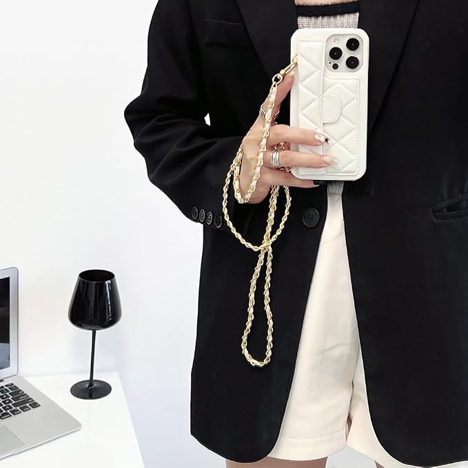 Phone Crossbody Chain Cell Phone Lanyard,Leather+Metal Shouder Strap Universal Cellphone Chain Strap with Tether Patches Compatible with Most Phones Bag Purse Silver+White - Image 3