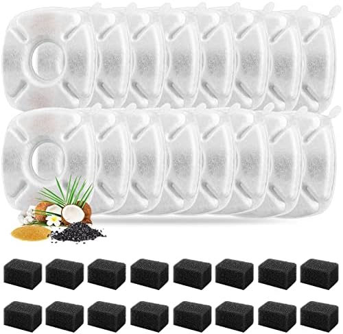 32 Pcs Cat Fountain Replacement Filters 16 Pack Cat Water Fountain Replacement Filters with 16 Pack Pre-Filter Sponges, Pet Fountain Filter Fit for 95oz/2.8L Automatic Pet Fountain Cat Water Fountain by Porens