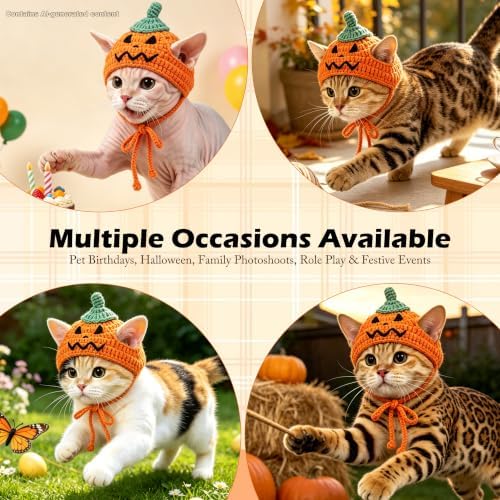 Pumpkin Cat Hat, Cotton & Soft Cute Knitted Hats for Cats Birthday Party Halloween Christmas Puppy Hat for Small Pets (Orange,M) - Image 4