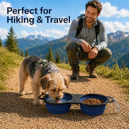 Double Collapsible Dog Bowls for Travel, Food & Water with Clip, Navy Blue - Image 6