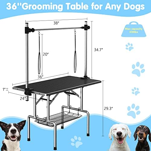 Lyromix 36'' Foldable Dog Grooming Table with Arms/Nooses/Mesh Tray, Black - Image 6
