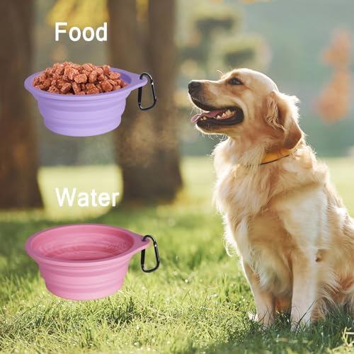 PetBonus 2-Pack Silicone Collapsible Dog Bowls, BPA Free Dishwasher Safe, Portable Foldable Expandable Travel Bowl, Food Water Feeding Cup Dish for Dogs Cats with 2 Carabiners (Purple, Pink) - Image 4