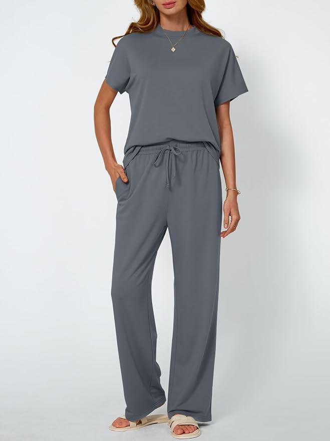 AUTOMET Women's 2 Piece Matching Lounge Sets 2026 Summer Mock Neck Sweatsuits Short Sleeve Loungewear Travel Outfits - Image 2