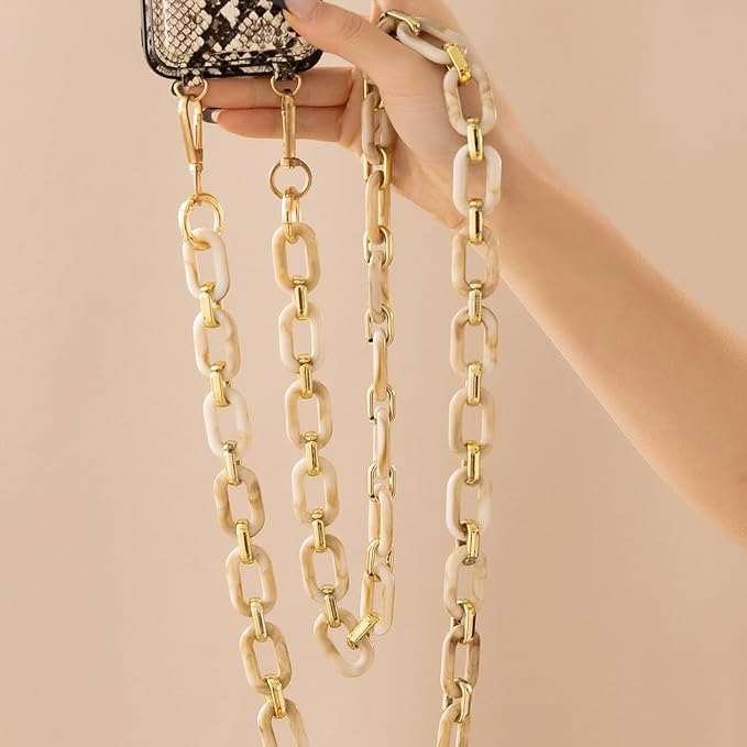 Phone Crossbody Chain Cell Phone Lanyard,Acrylic Shouder Strap Universal Cellphone Chain Strap with Tether Patches Compatible with Most Phones Bag Purse Beige - Image 3
