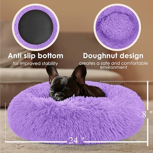 Dogs Bed for Small Dogs, Anti-Anxiety Washable Round Bed (24in Purple) - Image 3
