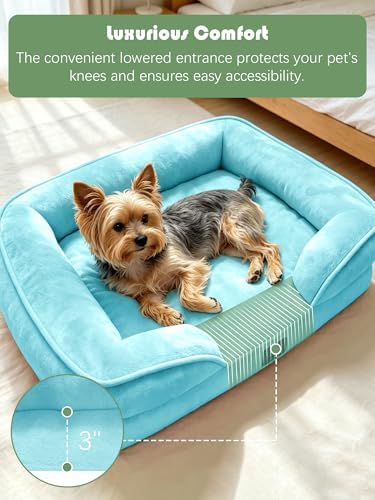 Spotted Play Orthopedic Dog Bed with Sides - Sofa Beds for Small Dogs, Supportive Foam Pet Couch Bed with Washable Removable Cover, Waterproof Lining and Non-Slip Bottom, Ice Blue - S - Image 3