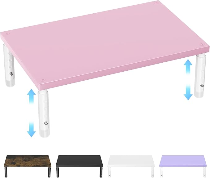 ECOLOVI 4-Height Adjustable Wood Computer Monitor Stand Riser, Desktop PC Printer Laptop Stand for Desk Organizer and Accessories, Office Desk Decor & Accessories for Women, Pink by ECOLOVI