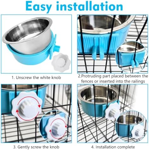 kathson Crate Dog Bowl, Removable Stainless Steel Hanging Pet Cage Bowl Food & Water Feeder Coop Cup for Cat, Puppy, Birds, Rats, Guinea Pigs (3 PCS, Size: M, Blue, Green, Pink) - Image 4