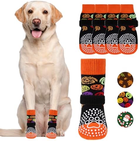 KOOLTAIL Anti Slip Halloween Dog Socks to Prevent Licking Paws, Dog Costume Boots&Paw Protector with Grippers for Hardwood Floors, Traction Control No Twist Booties for Small Medium Large Dogs, L by KOOLTAIL
