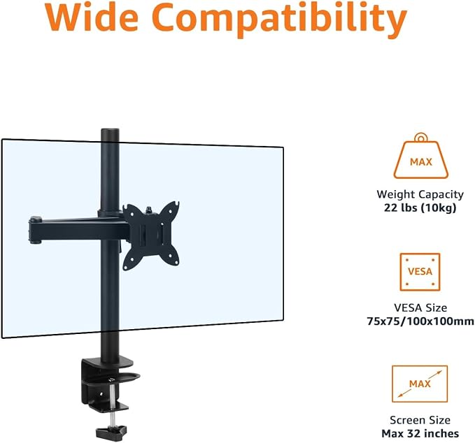 Amazon Basics Adjustable Single Monitor Arm Desk Mount, Holds up to 32" (38” Ultrawide) and 22 lbs, Adjustable Tension, VESA 75x75/100x100, Black - Image 2