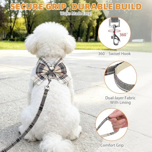 KOOLTAIL Small Dog Harness and Leash Set, Cute Puppy Vest Harnesses with Bowtie, Step in No Pull Soft Mesh Padded Adjustable Plaid Pet Harness for Extra-Samll Medium Dogs Cats, Boy Girl, XS-M, Beige S - Image 4