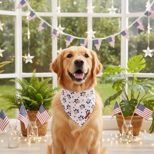 PTDECOR American Flag Dog Bandana Blue White Stars Paw Flag Patterns Designs 4th of July Pet Scarf Adjustable Patriotic Bandanas for Large X-Large Dogs Pets (X-Large) - Image 3