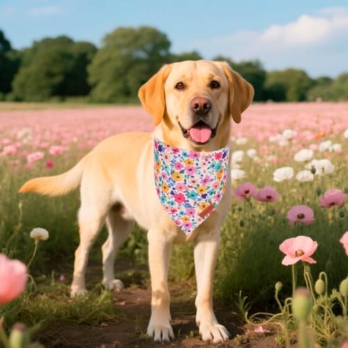 PTDECOR Floral Dog Bandana, Pink Green Flower Pet Scarf, X-Large - Image 2