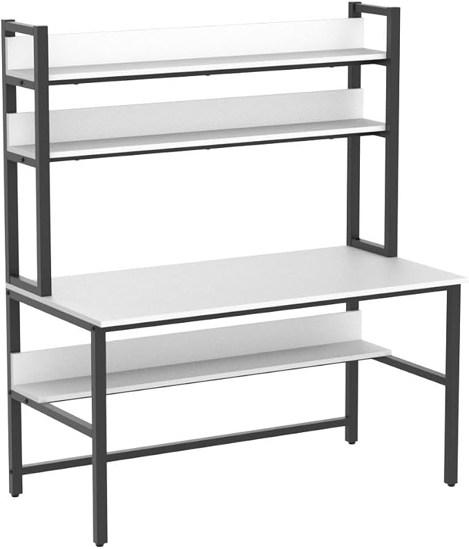 Aquzee Computer Desk, Easy Assembly Gaming Table with Hutch and Shelves, 4 Tiers Desk with Large Wood Desktop, Metal Legs, Ideal for Storage Study Work Writing Homework, White, 55Wx65Hx23.6D Inches - Image 4