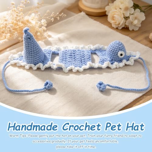 Fish Cat Hat, Cotton & Soft Cute Knitted Hats for Cats Birthday Party Spring Christmas Puppy Hat for Small Pets (Blue,M) - Image 2