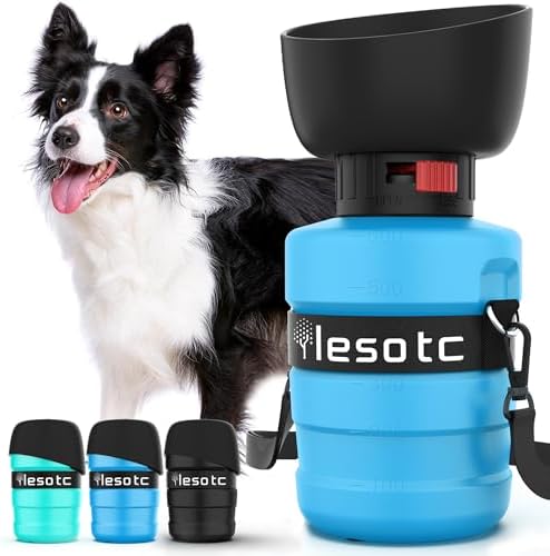 Lesotc Dog Water Bottle, Portable Water Dispenser with Bowl, Leak Proof Pet Travel Squeeze Bottle, Puppy Essentials Dog Stuff Accessories for Outdoor Walking, Hiking, Camping, Blue by lesotcbrand